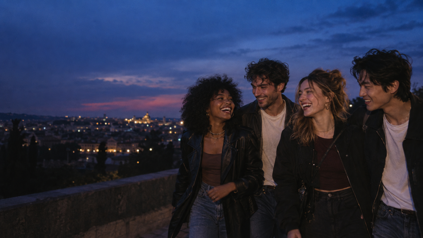 Vier Freunde lachen gemeinsam über den Dächern der Stadt